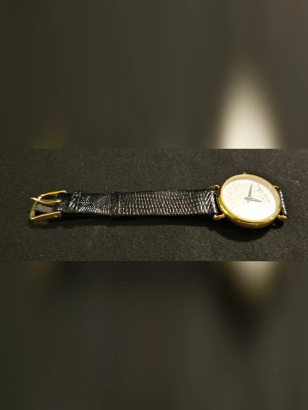 Anne Klein Gold and Black Leather Strap Watch with White Embossed Dial Untested